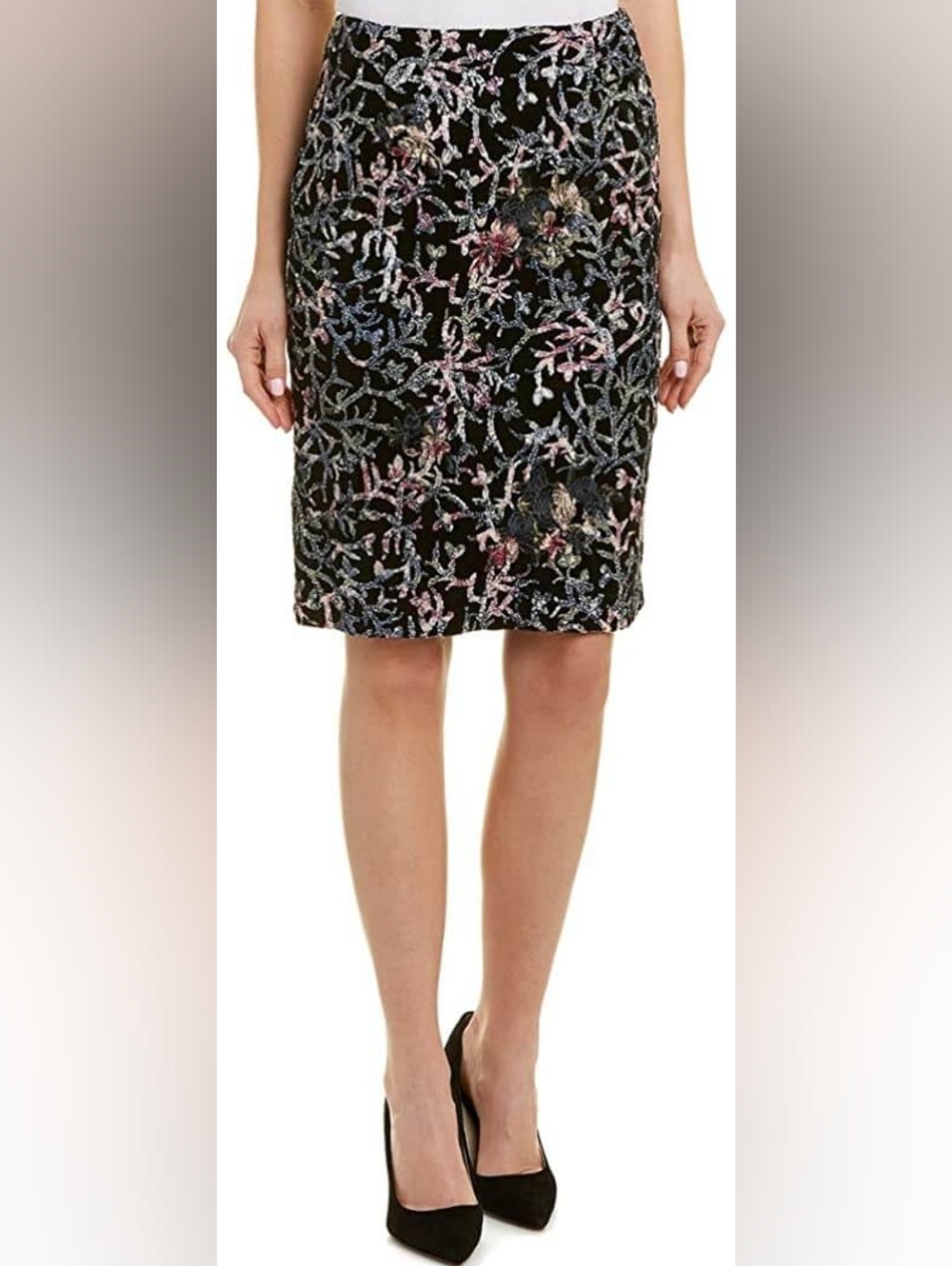 Tahari Black Velvet Sequined Floral Pencil Skirt In 6